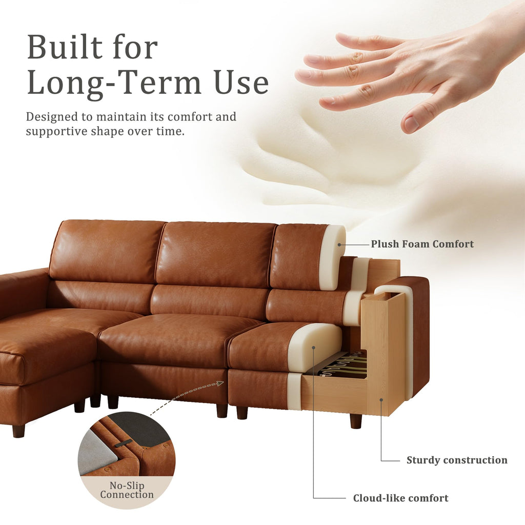 119.2" Leather Modular sectional couches, with storage, Brown