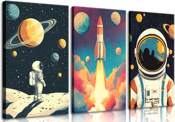 3 Pcs Space Canvas Wall Art Nursery Space Astronauts Kid Painting Pictures Wall Decor Explore Dream Galaxy Canvas