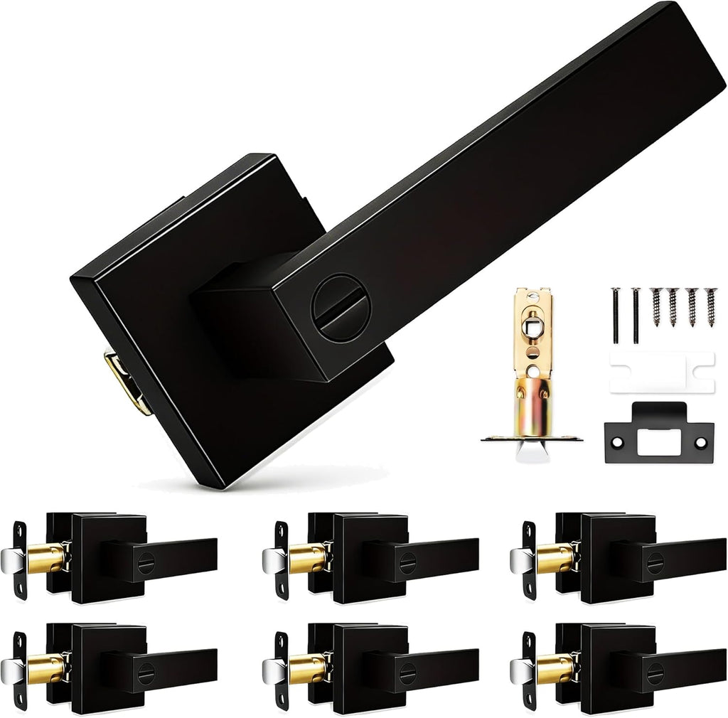 Matte Black Privacy Door Lever, 6 Pack, Interior Door Handle with Thumb Turn Lock, Reversible Modern Lever