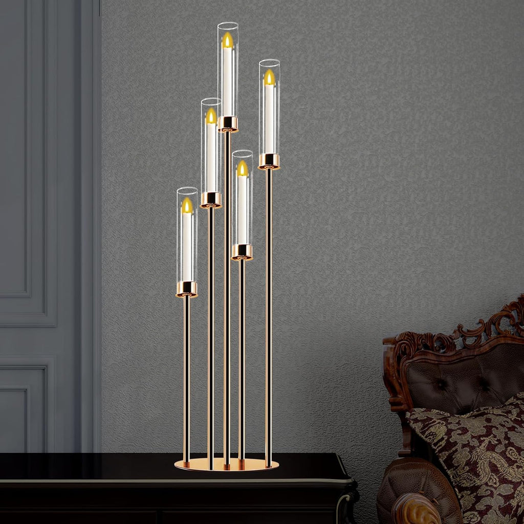 Gold 5-Arm Metal Cluster Taper Candelabra Candle Holders Includes Led Candles & Remote Control, Votive Pillar Candle