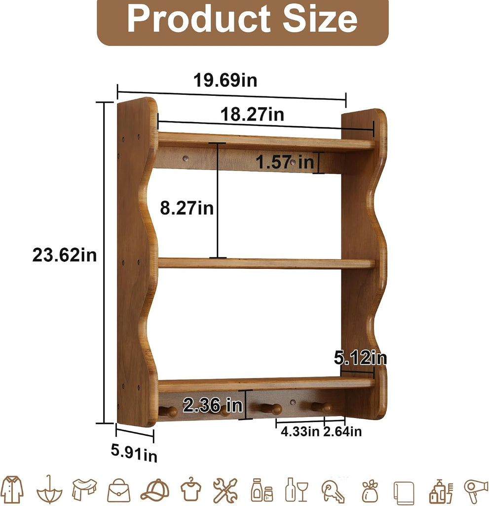 3 Tier Wooden Floating Wall Shelves with Hooks, Rustic Farmhouse Wall Mounted Storage Shelf, Decorative Curved Side