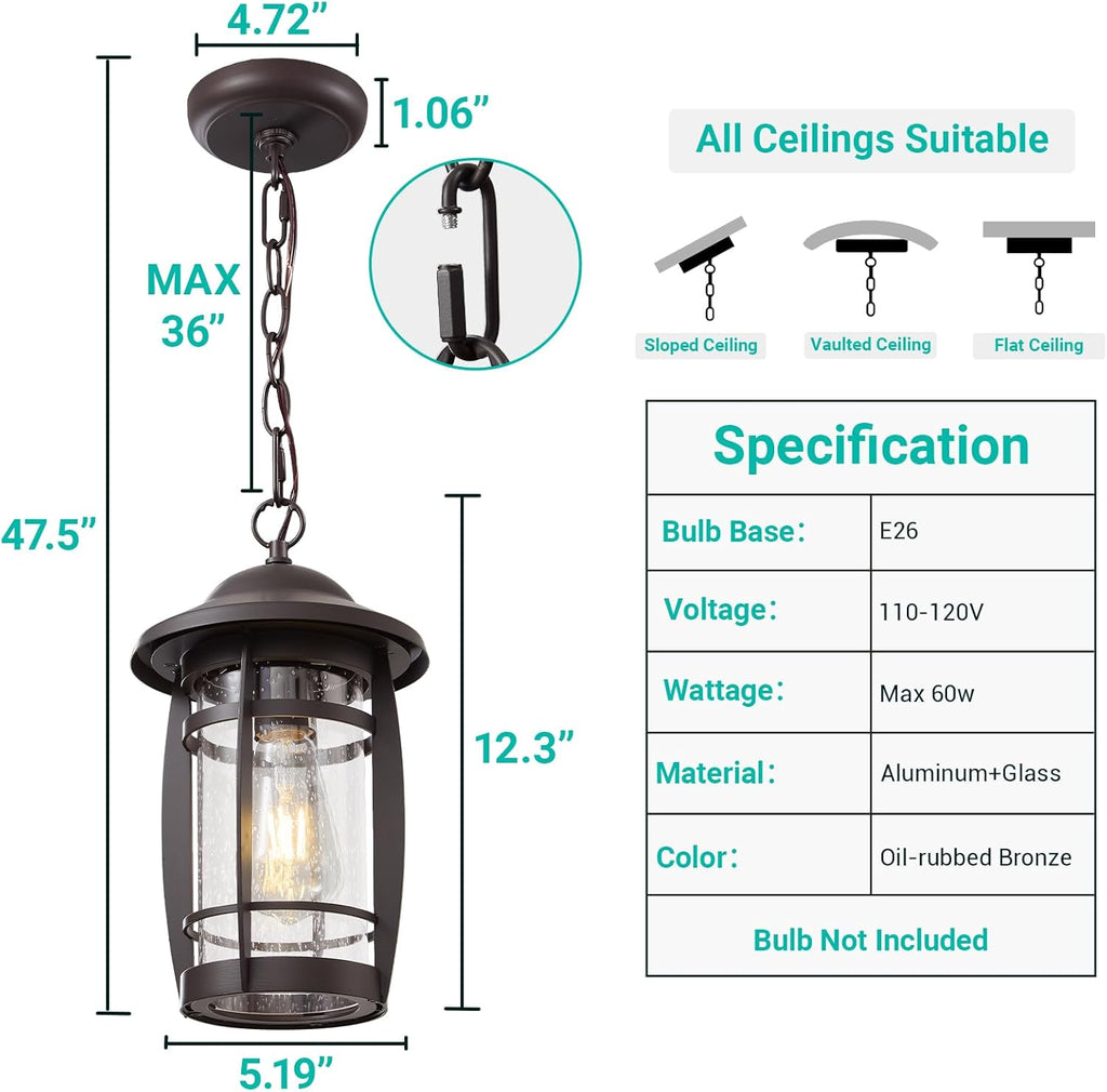 1-Light Outdoor Pendant Light for Porch - Oil Rubbed Bronze Outdoor Chandelier Lantern Waterproof Aluminum Exterior