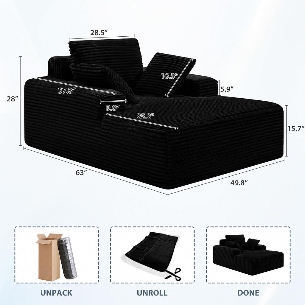 63'' Oversized Boneless Chaise Lounge Chair, Corduroy Fluffy Reading Couch, Deep Seat Sleeper Chair for Small Spaces