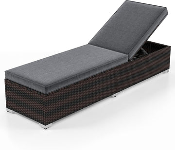 Outdoor Chaise Lounge, Patio Wicker Lounge Chair w/ 4-Level Backrest, Heavy-Duty Metal Frame, Outside Rattan