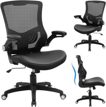 Ergonomic Desk Chair, Computer PU Leather Home, Swivel Mesh Back Adjustable Lumbar Support Flip-up Arms Executive