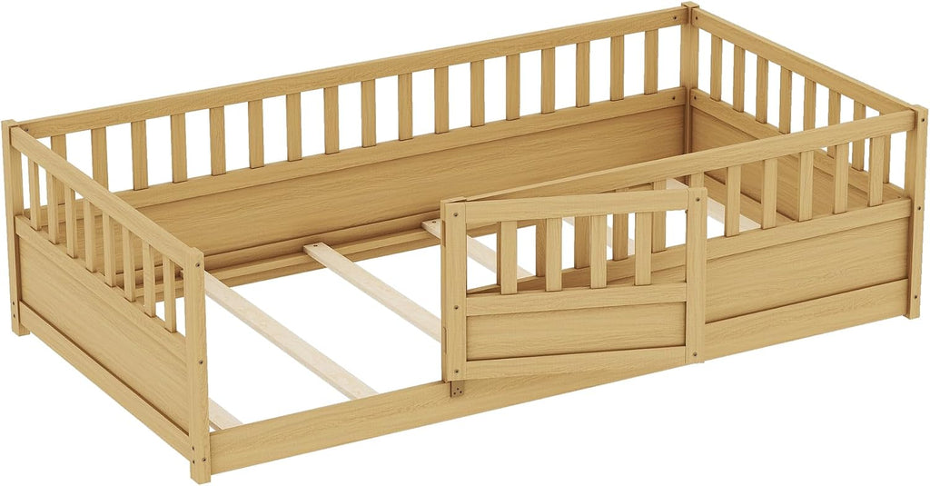 Twin Size Floor Bed with Fence and Door, Montessori Floor Bed with Slats, Twin Size Montessori Beds for Kids, Girls