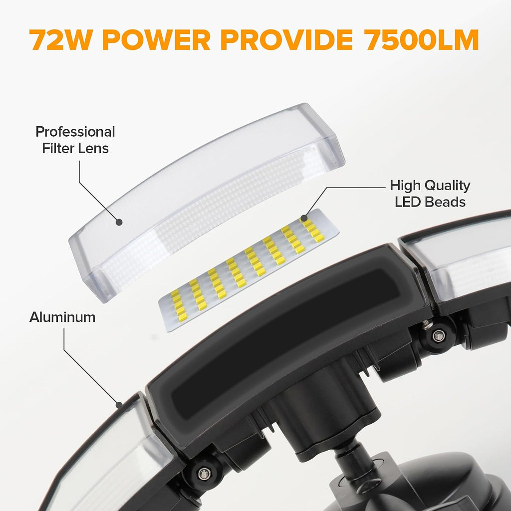 72W 7500LM LED Security Lights Motion Sensor Light Outdoor, 5000K Daylight, IP65 Waterproof, Dusk to Dawn, 3-Head