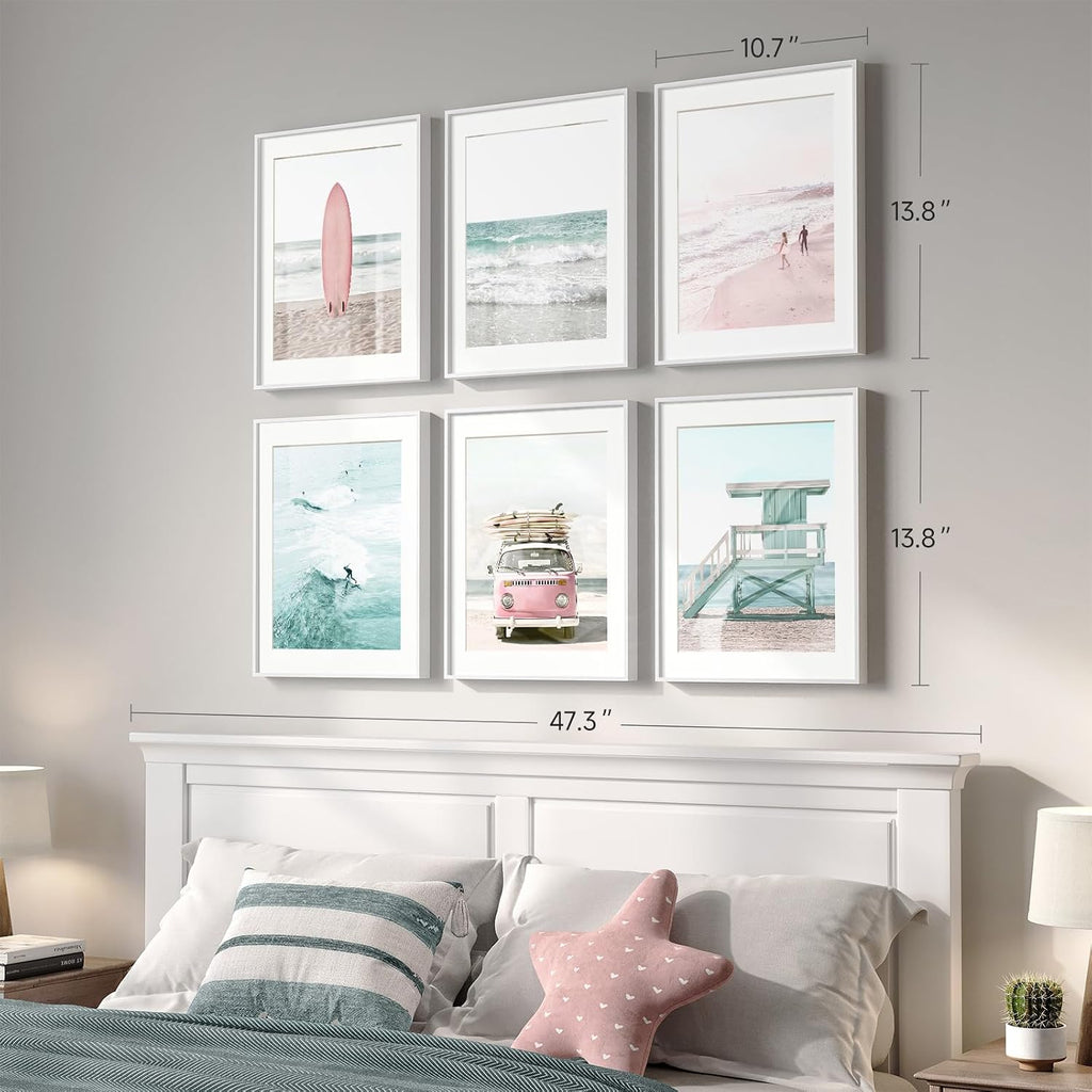 Framed Coastal Beach Wall Art , 6 Piece Ocean Wave Surfboard Beachy Canvas Artworks, Pink and Aqua Green Seascape
