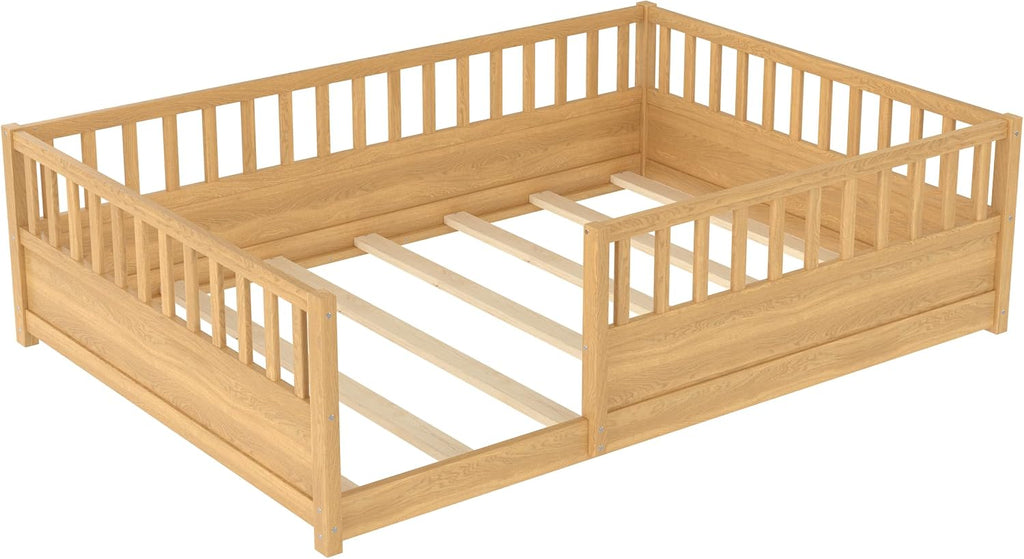 Full Size Kids Montessori Floor Bed Frame with High Fence,Natural | Solid Wood,Full Surround Safety Guardrails,Slat