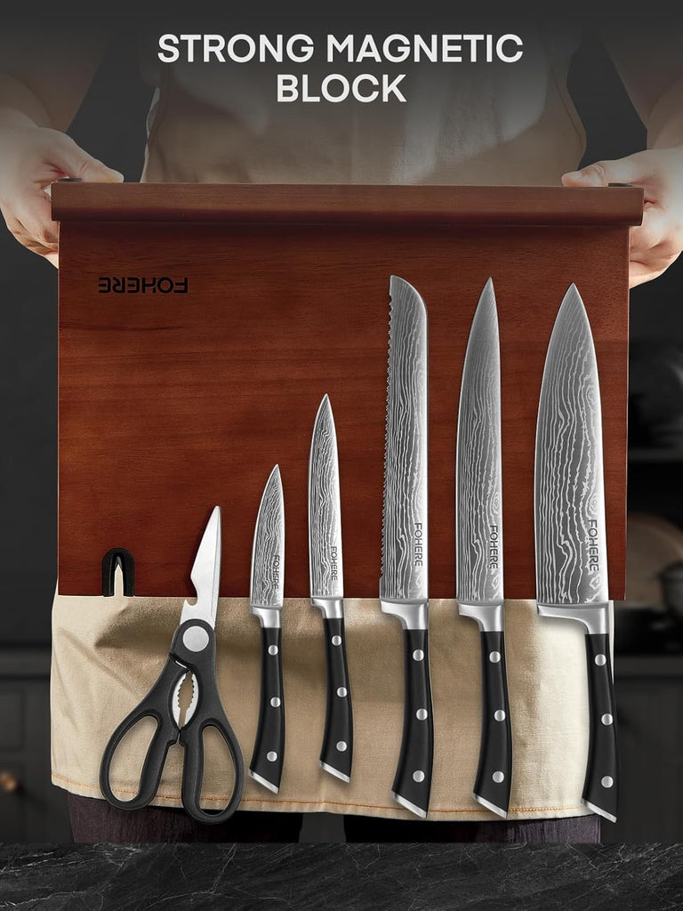 Kitchen Knife Set, Knives Set with Magnetic Knife Holder and Sharpener, 7 Pieces Sharp Chef Knife Set with Ergonomic