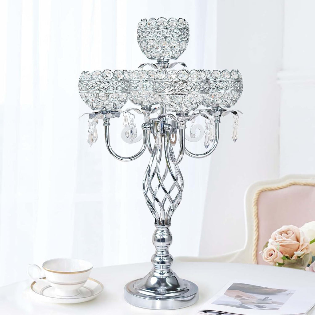 Crystal Candelabra Centerpiece, 5-Light Gold Metal Stand with Hanging Crystals, Decorative Wedding Table Holder (1