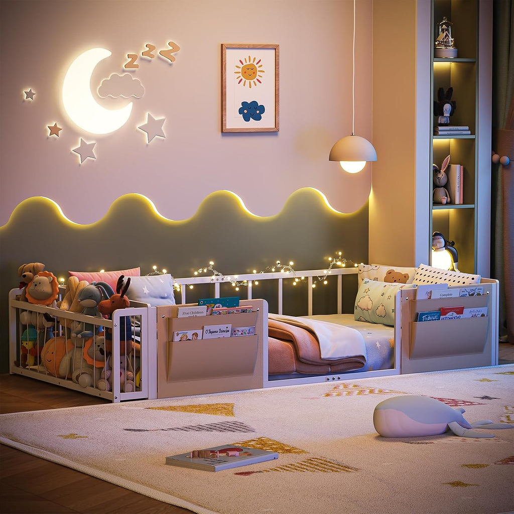 Montessori Twin Floor Bed with Stuffed Animal Storage and Caddy | Boys and Girls,Rail Fence,Metal Frame,No Box Spring