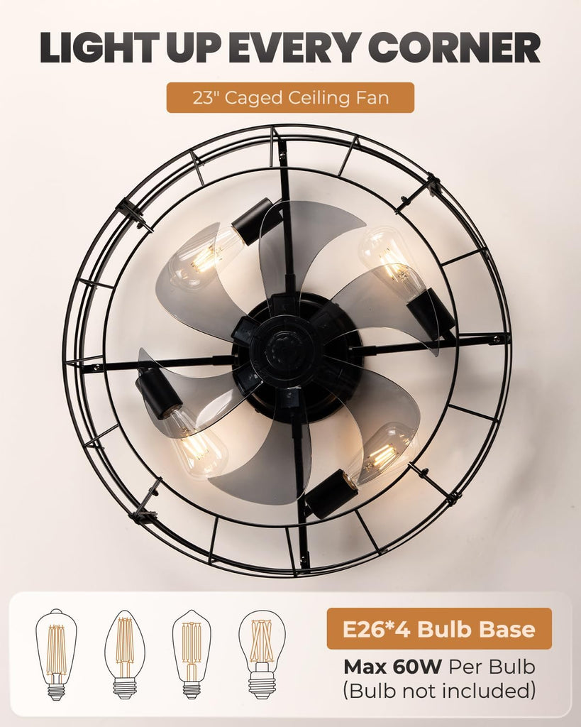 23 Inch Farmhouse Caged Ceiling Fan with Light, Remote Control Flush Mount Fan Lights Ceiling Fixtures