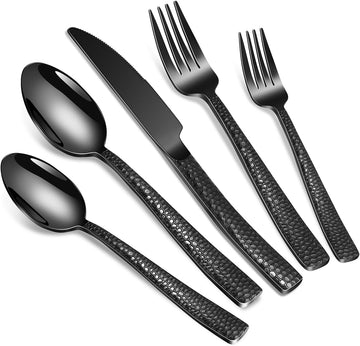 20-Piece Silverware Set, Black Hammered Stainless Steel Flatware for 4, Food-Grade Tableware, Including Fork, Knife
