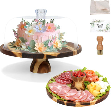Acacia Wood Cake Stand with Lid - 12" Round Cake Holder & Dessert Stand, 2-in-1 Charcuterie Board & Serving Platter