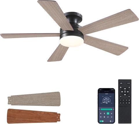 Flush Mount Ceiling Fan with Lights - 46IN Modern Indoor/Outdoor Ceiling Fan Light with Remote/APP, Low Profile Fan Light with 6 Speeds, Dimming, for Bedroom, Living Room, Brown A101-B0F127L6DT