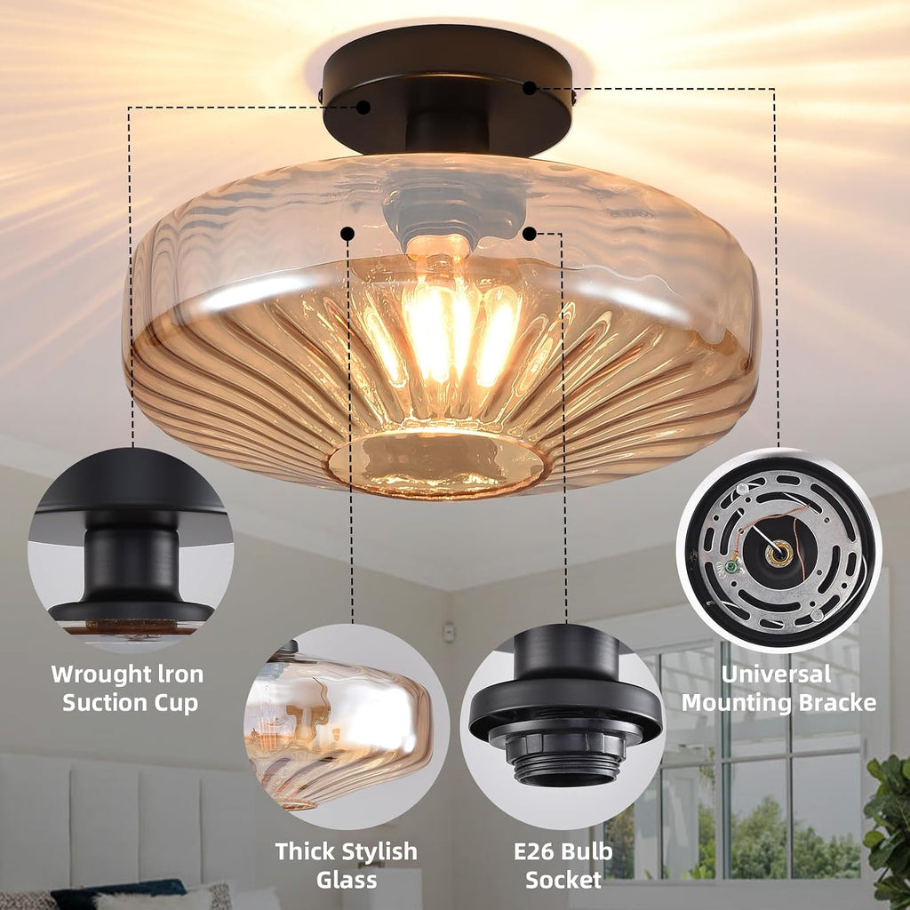 Semi Flush Mount Ceiling Light,11.8 inch Vintage Warm Amber Glass Ceiling Light Fixture,Living Room Lighting Fixtures