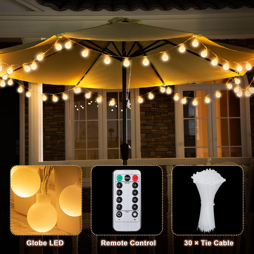 2 Pack 32 Feet Patio Umbrella Lights, 8 Lighting Modes LED String Lights with 64 Pcs Shatterproof Globe