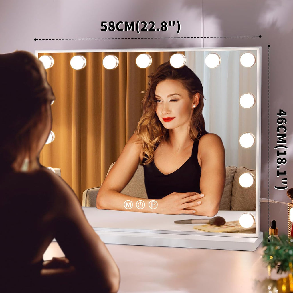 Vanity Mirror with Lights: Hollywood Lighted Makeup Mirror with 15 LED Bulbs, 22.8''x18'' Light Up Mirror with 3