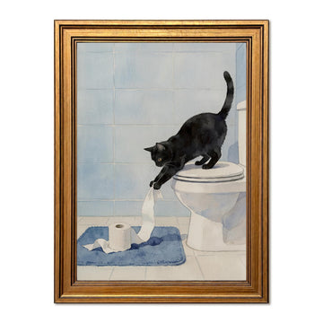 Vintage Gold Framed Funny Bathroom Canvas Wall Art, Cute Black Cat Toilet Paper Pictures Wall Decor, Whimsical Animal