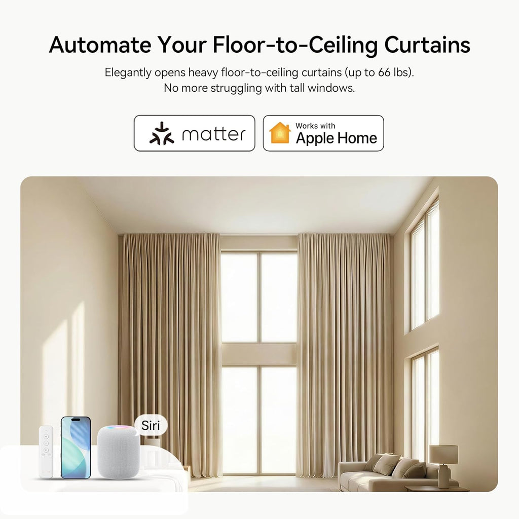 M1 No-Cut Telescopic Motorized Curtain Track, Apple Home Certified Matter Smart Curtain System, Works with