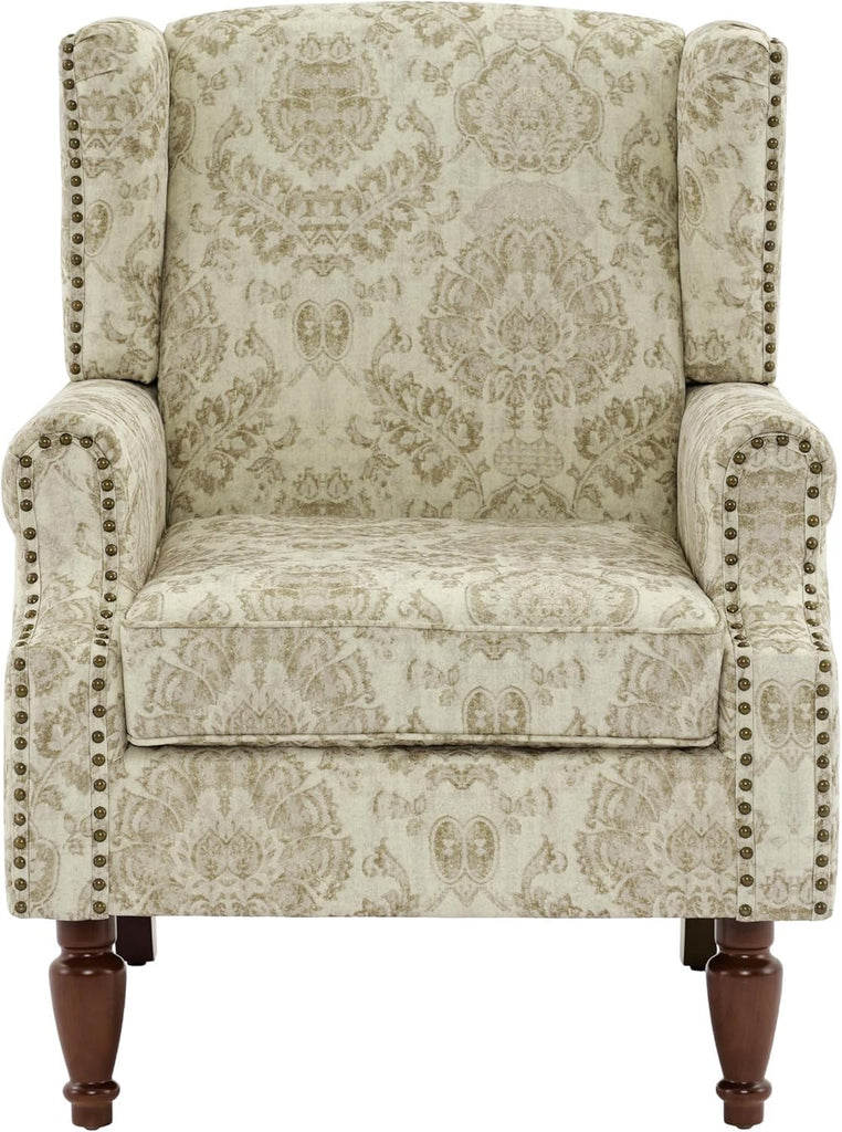 Floral Wingback Accent Chair, Fabric Upholstered High Back Armchair | Printed Reading Seat with Wooden Legs &
