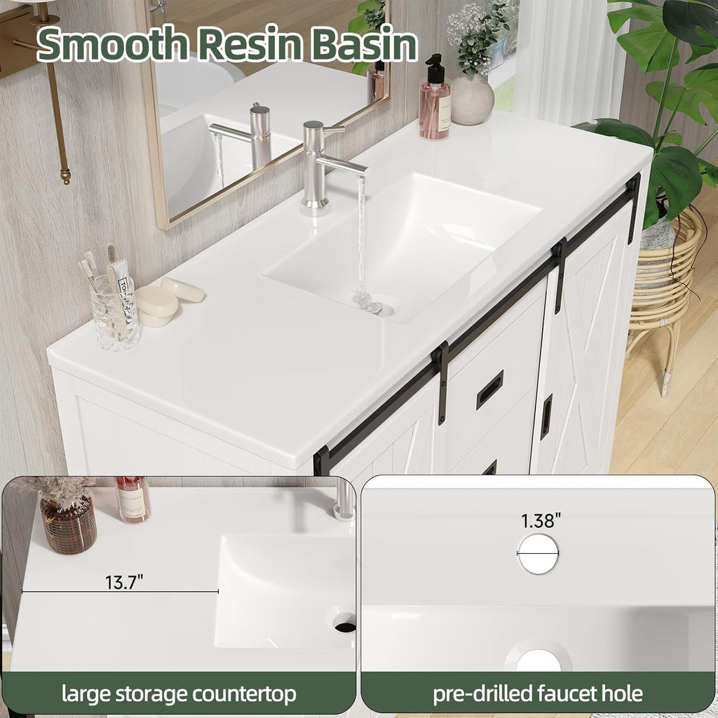 47.2 Inch Bathroom Vanity with Sink Combo, Farmhouse Sliding Barn Door Bathroom Vanity Cabinet
