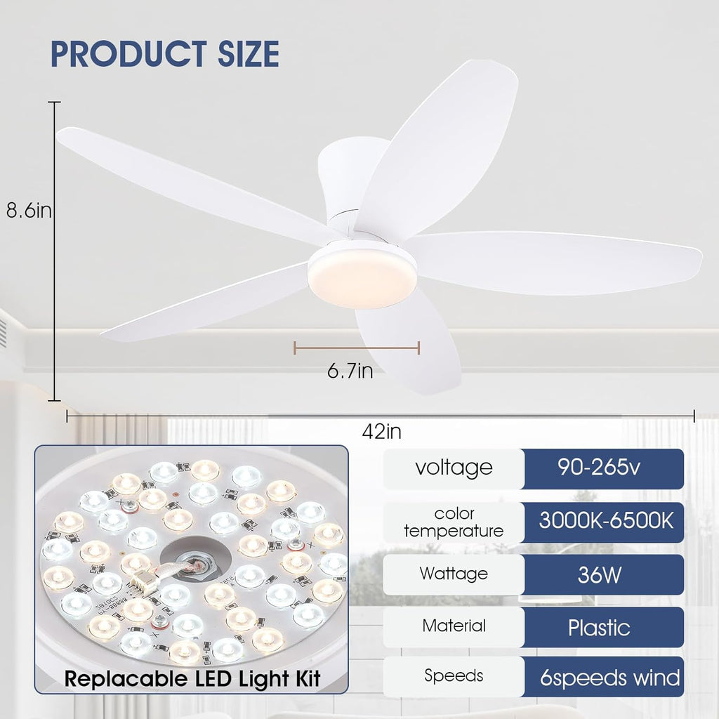 42" Ceiling Fans with Lights-Low Profile Ceiling Fan with Light and Remote/APP Control,Flush Mount,DC Reversible,LED Dimmable Modern Ceiling Fans for Bedroom,Indoor/Outdoor Patio Use(White)