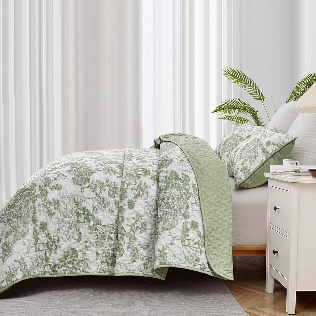 Sage Green Quilt Set King, Botanical Floral Bedspread - Set of 3