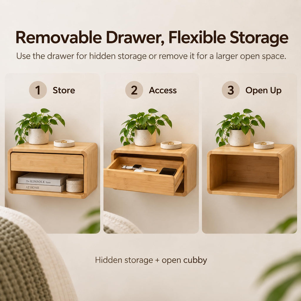 Bamboo Floating Nightstand with Drawer, Wall Mounted Bedside Table, Natural