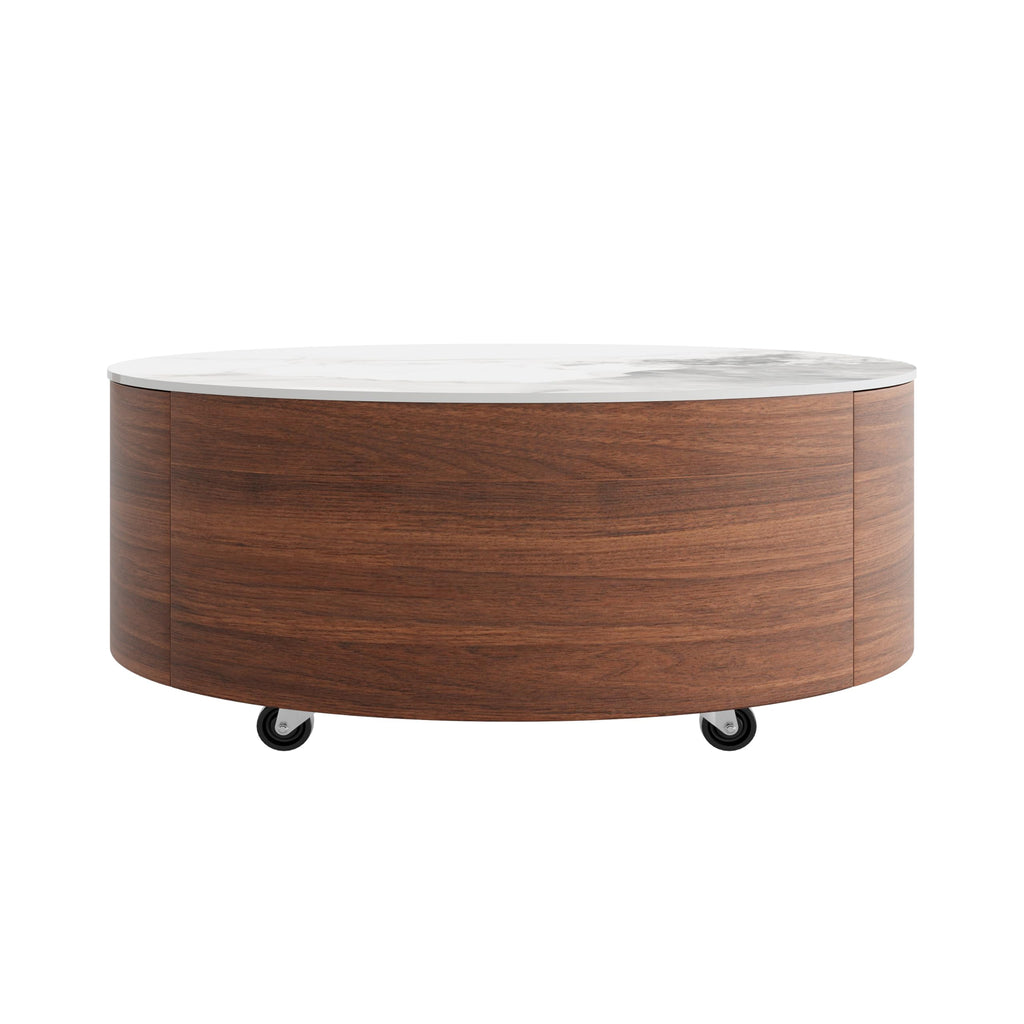 29.5'' Round with 2 Drawer Storage & Smooth-Moving Casters, Modern Fluted Wood, Sintered Stone Marble Pattern Top &