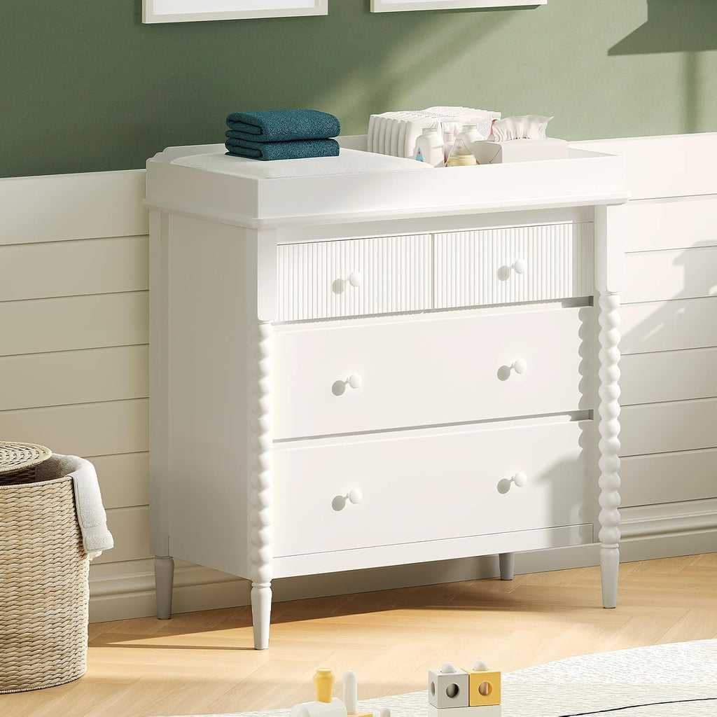 White Nursery Dresser with Changing Table, 4 Drawers for Storage | Jenny Lind Spindle Style Dresser and Removable