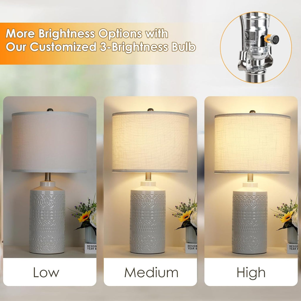 24.5" White Ceramic Table Lamp 3-Way Dimmable Nightstand with White Linen Shade Bedside Lamps & Living Room Office