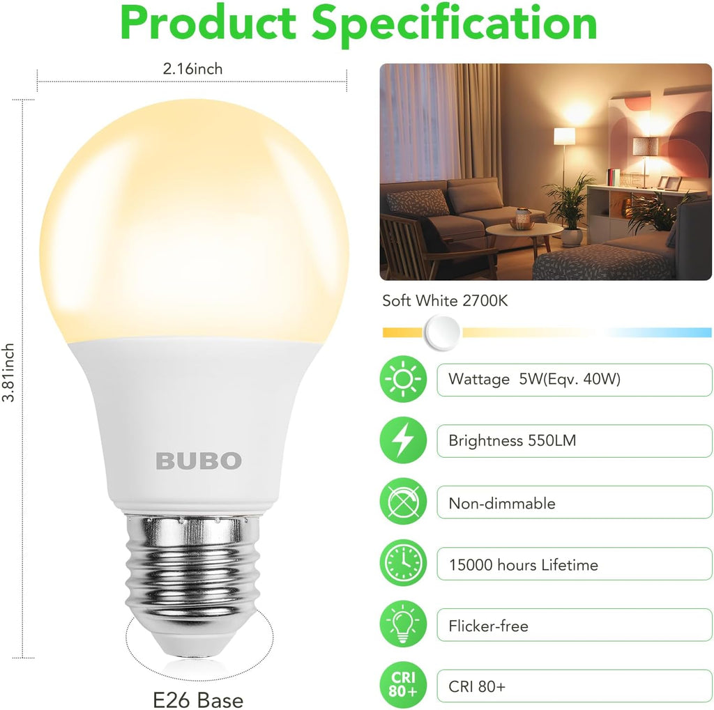 A19 LED Light Bulbs, 40 Watt Equivalent LED Bulbs, Soft White 2700K, 550 Lumens, E26 Standard Base, Non-Dimmable, 5W (24 Pack)