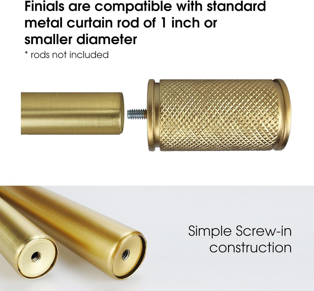 Decorative Curtain Rod Finials, Polyresin Gold Knurled Design Finials, Set of 2, Compatible with 1 inch Diameter