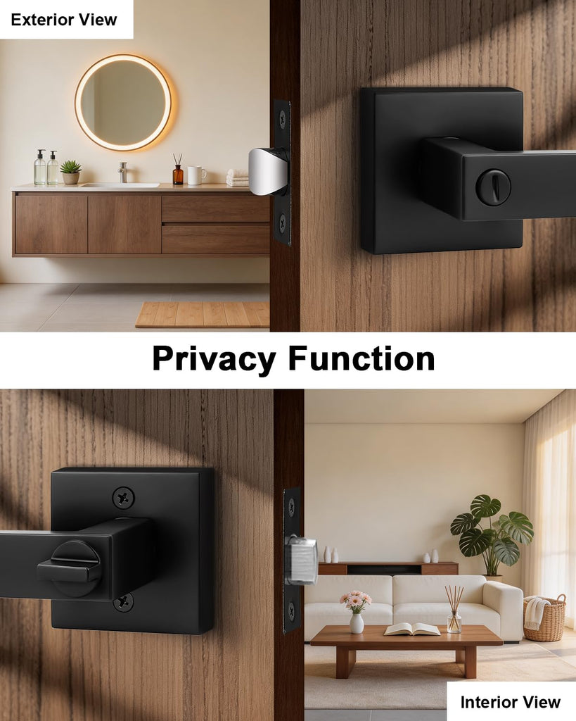 Matte Black Privacy Door Handles, 1 Pack Solid Zinc Alloy Square Interior Door Levers with Lock Bathroom Office