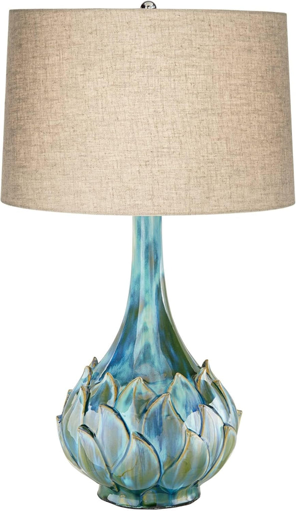 Euro Design Kenya Modern Tropical Table Lamp with USB Dimmer 29 1/2" Tall Blue Green Glaze Ceramic Beige Linen Drum