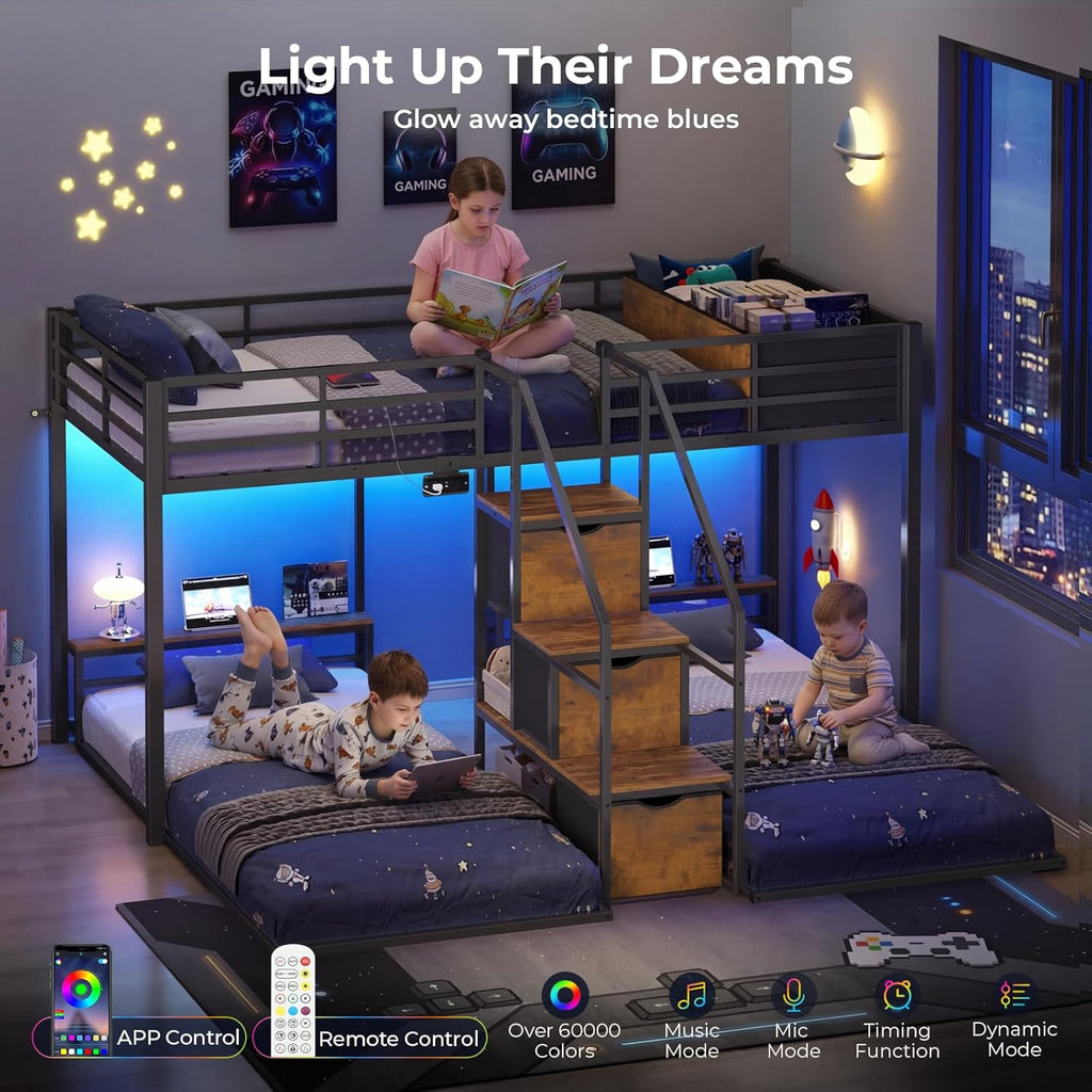 Triple Bunk Bed with Storage Staircase, RGB Lights & Charging Station, Twin Over Twin