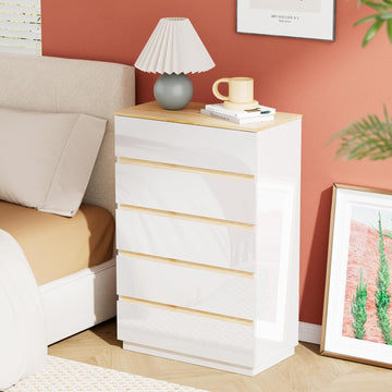 5 Drawer Dresser , 45" H Tall Dresser Chest of Drawers, High Gloss Wood Modern Storage Cabinet with Brown Top