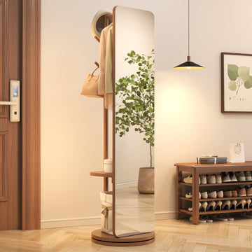 70"x19"Full Length Mirror with Stand,Coat Rack with Mirror,Solid Wood Floor Mirror,Swivel Mirror, Cloakroom