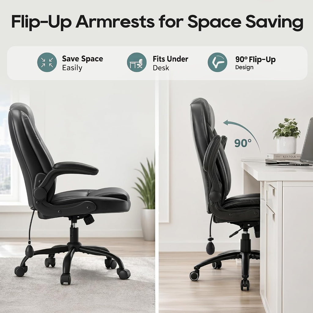 Leather, Computer Desk Chair with Adjustable Lumbar Support, Thick Cushion, Flip-Up Arms and Ergonomic Back, Comfy