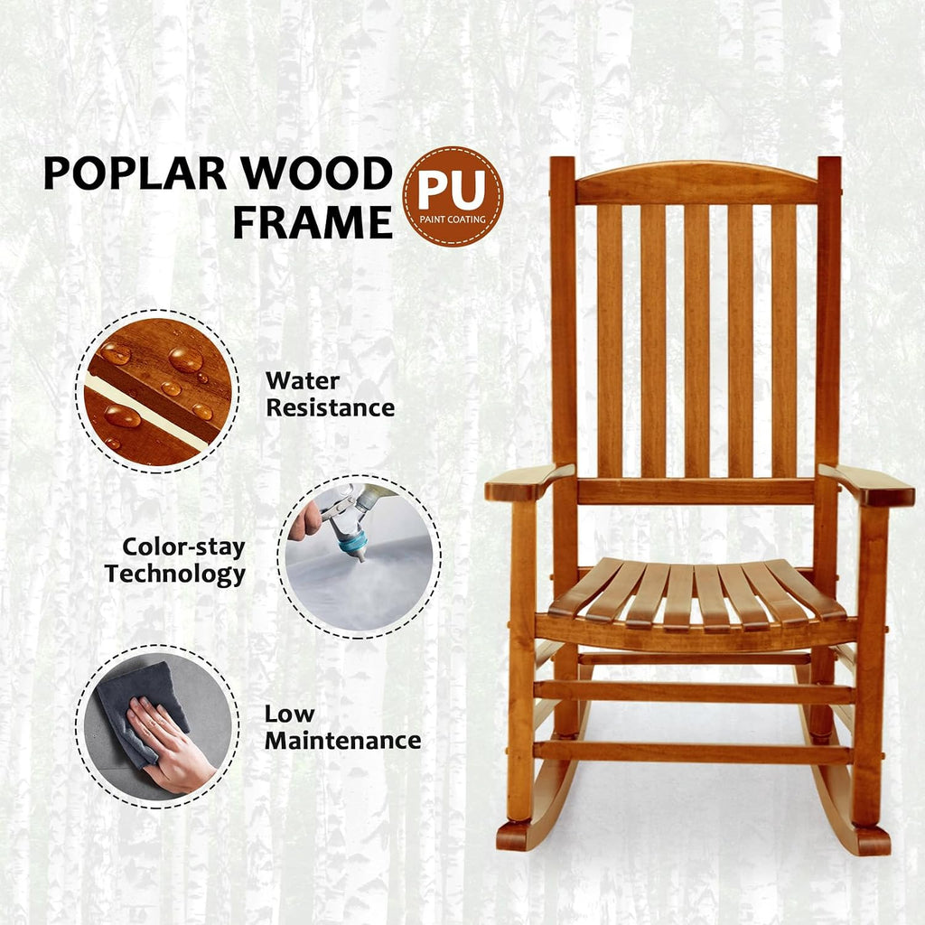 Wooden Oversized Porch Rocker Chair with High Back and Armrest, All Weather Slatted Rocker for Backyard, Garden, 400