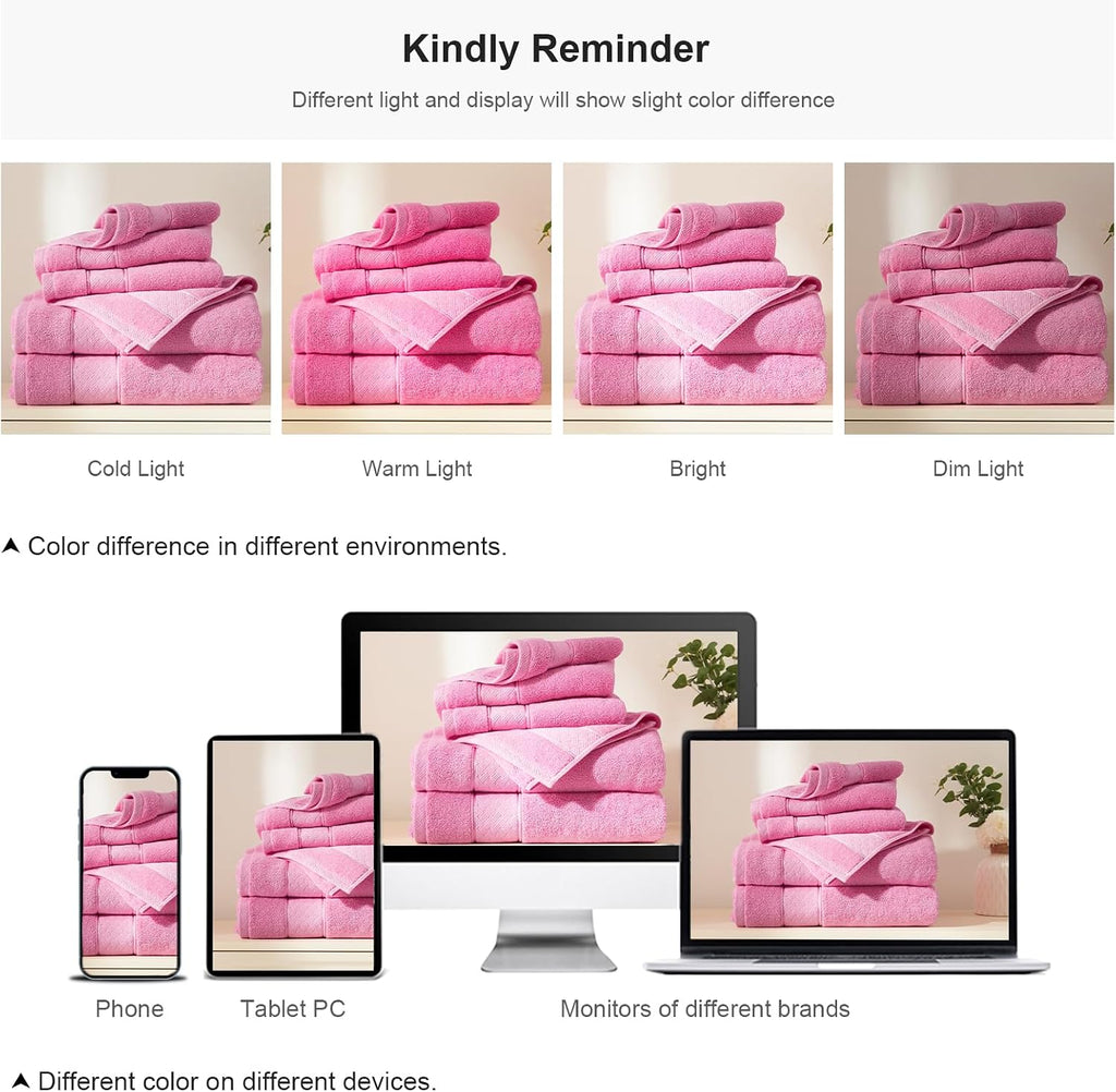 Bath Towel Set 6 PCS, Pink Luxury 100% Turkish Cotton 650GSM | Soft Absorbent Quick Dry, OEKO‐Tex 100 Cert. Zero