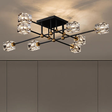 8-Light Crystal Ceiling Light Fixture Black and Gold Semi Flush Mount Ceiling Light Modern Chandeliers for Dining