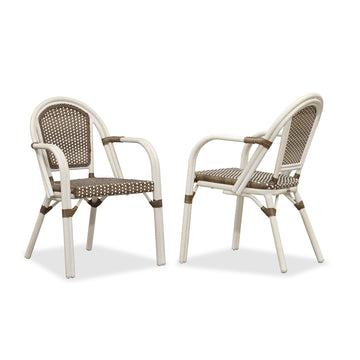 Rattan French Bistro Armchairs Set of 2, White Finish, Brown