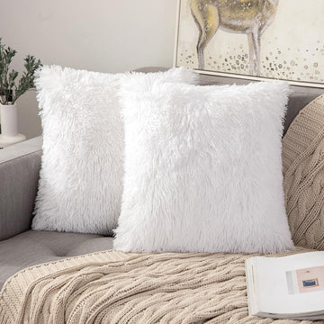 Pack of 2 White Throw Pillow Covers Luxury Fluffy Pillows Faux Fur Decorative Pillows Plush Cushion Case Fuzzy