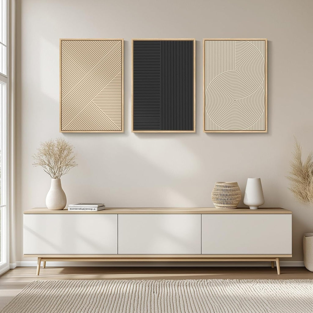 Framed Neutral Abstract Wall Art , Set of 3 Piece Boho Modern Beige Canvas Artworks for Walls, Minimalist Geometric