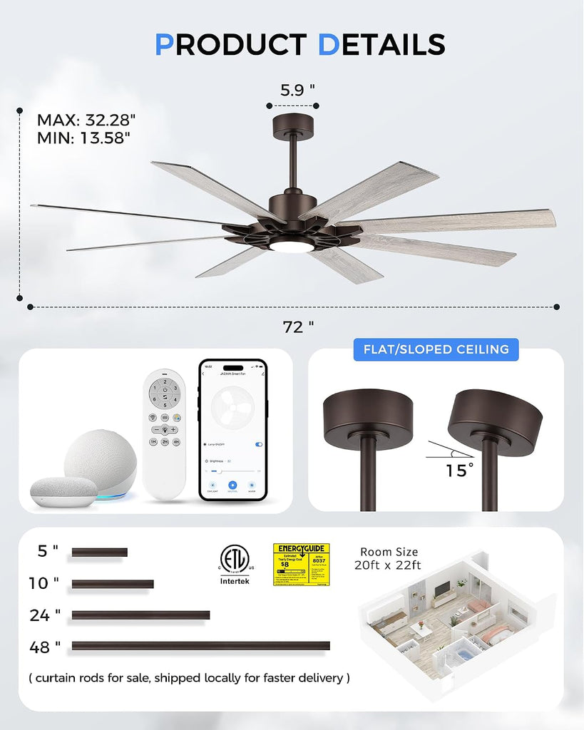 72 Inch Ceiling Fan with Light,Smart Ceiling Fan with Alexa Control