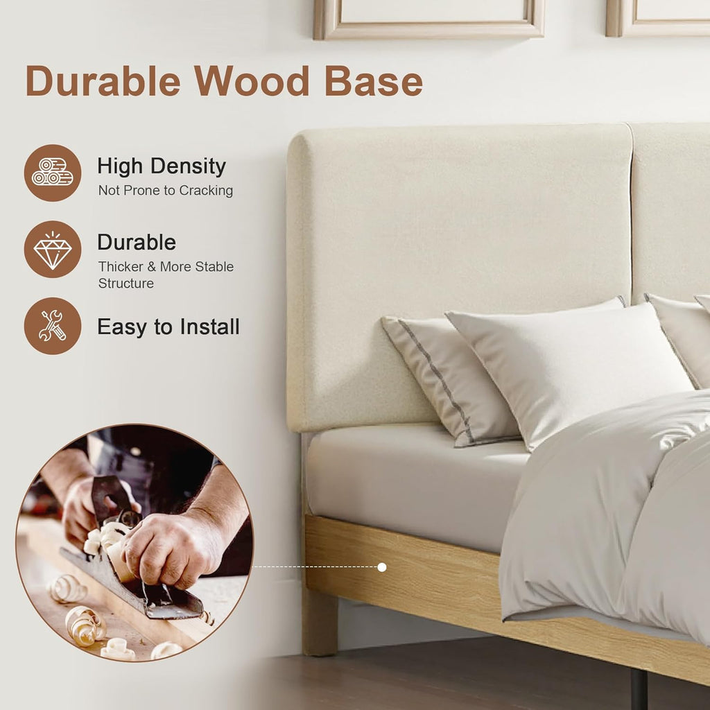 Queen Bed Frame Upholstered Platform Beds with Height-Adjustable Cotton and Linen Headboard, Heavy Duty Wood Slats