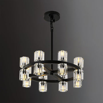 Black Wagon Wheel Chandelier, 18" Modern Farmhouse Chandelier, 16-light Chandelier for Living Room, K9 crystal Chandeliers for Dining Room,Rustic Round Hanging Light Fixture(bulbs included)